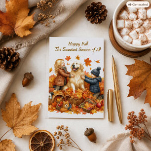 Tarjeta Festiva Perro Golden Retriever de la familia Hojas de otoñ