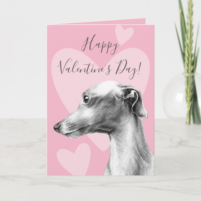 Tarjeta Festiva Perro griego italiano Día de San Valentín rosa amo (Anverso)