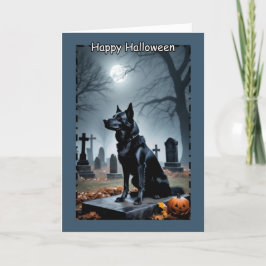 Tarjeta Festiva Perro Guardián Negro en Cementerio en Halloween