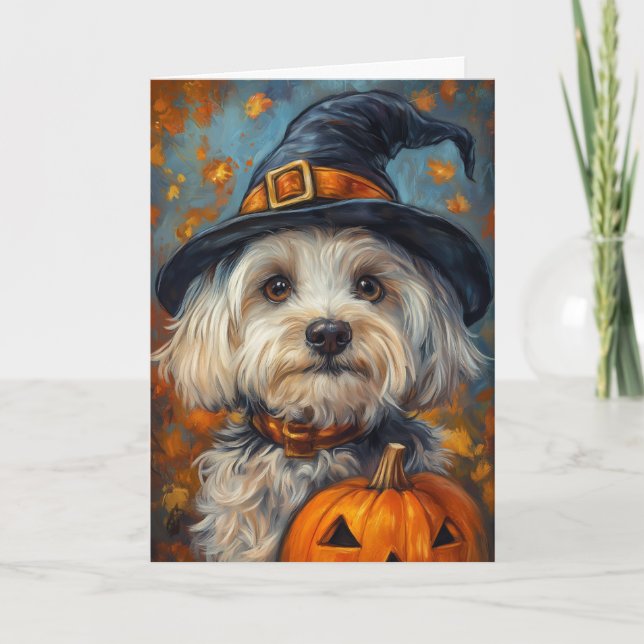 Tarjeta Festiva Perro Havanés de Halloween (Anverso)
