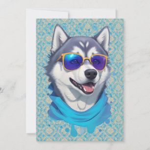 Tarjeta Festiva Perro Husky con vidrios de sol en salpicaduras lúg