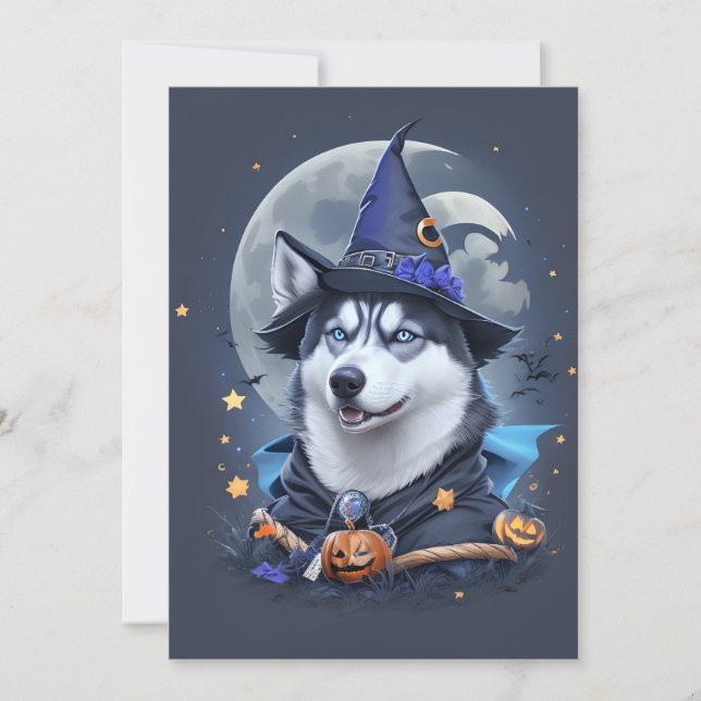 Tarjeta Festiva Perro Husky Encantado: Delicia Mágica de Halloween (Anverso)