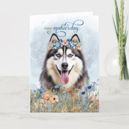 Tarjeta Festiva Perro Husky Siberiano Flores Silvestres Día de la