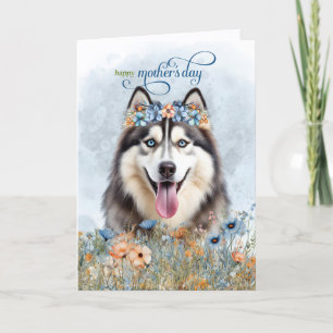 Tarjeta Festiva Perro Husky Siberiano Flores Silvestres Día de la 