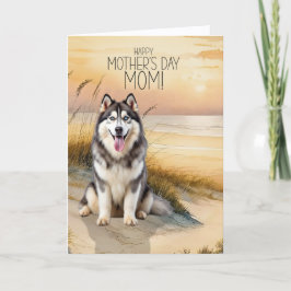 Tarjeta Festiva Perro Husky Siberiano Playa de Atardecer Día de la