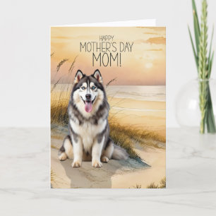 Tarjeta Festiva Perro Husky Siberiano Playa de Atardecer Día de la
