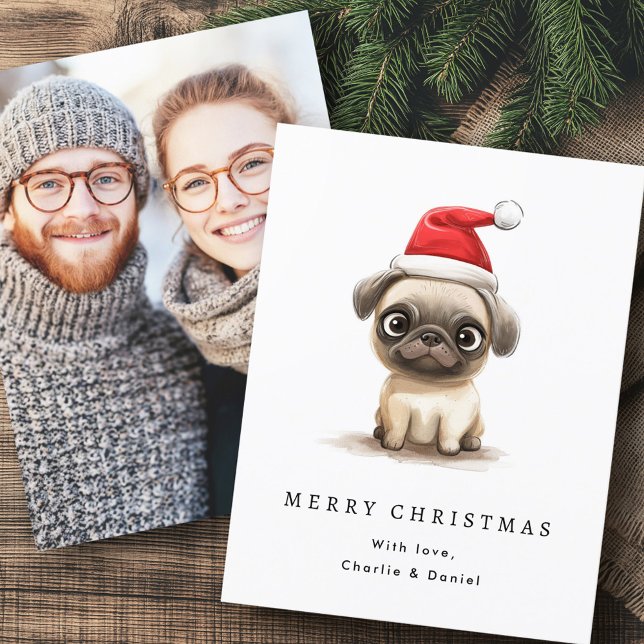 Tarjeta Festiva Perro lindo en Santa hat Fotos navideñas (Cute pug in Santa hat Merry Christmas photo Holiday Card)