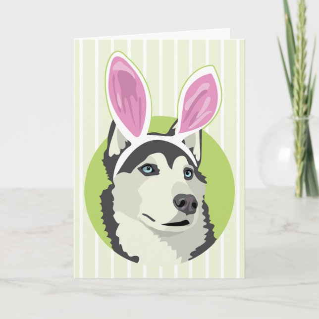 Tarjeta Festiva Perro lindo Husky con conejitos de Pascua Feliz Pa (Anverso)