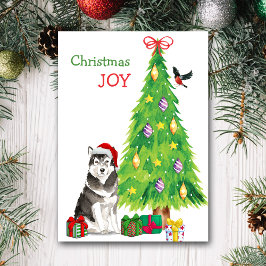 Tarjeta Festiva Perro malamuta de Santa Hat Alaskan
