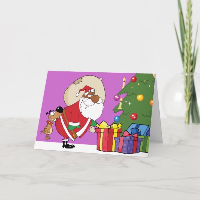 Tarjeta Festiva Perro malo muerde a Papá Noel negro en el trasero (Anverso)