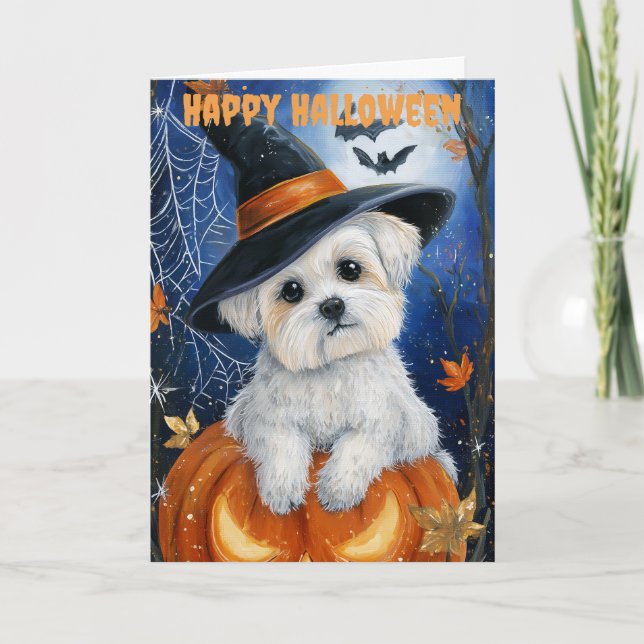 Tarjeta Festiva Perro maltés de Halloween (Anverso)