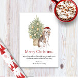 Tarjeta Festiva Perro Mascota de Beagle y Christmas Tree<br><div class="desc">Esta adorable tarjeta de Navidades con la temática de un beagle tiene un sombrero de Papá Noel sentado frente a un árbol de Navidad iluminado. El saludo en la tarjeta dice "Feliz Navidad" "Que todo lo que sea hermoso y te trae alegría sea tuya esta temporada navideña y dura todo...</div>