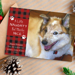 Tarjeta Festiva Perro mascota travieso y bonito a cuadros rojos y 