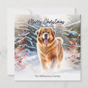 Tarjeta Festiva Perro Mastín Tibetano En Escena De Nieve Feliz Nav