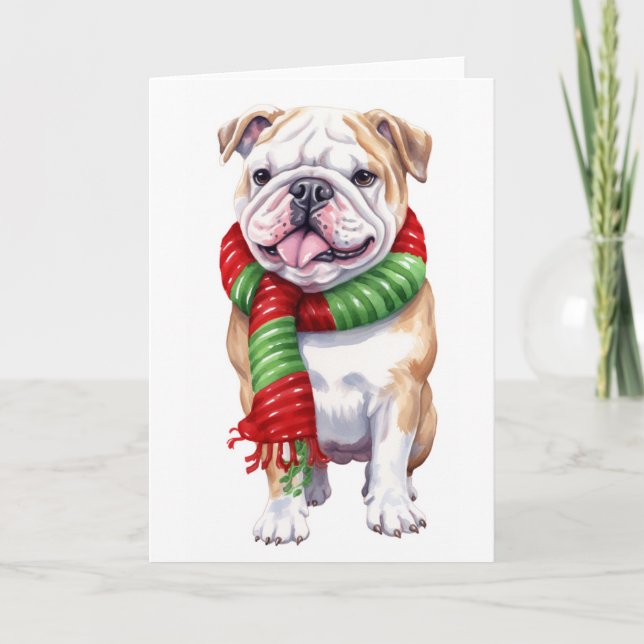 Tarjeta Festiva Perro navidad, Bulldog de vacaciones, BLANCO (Anverso)