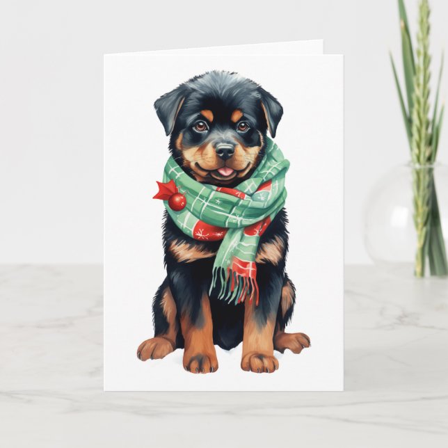 Tarjeta Festiva Perro navidad, Holiday Rottweiler Puppy BLANK (Anverso)