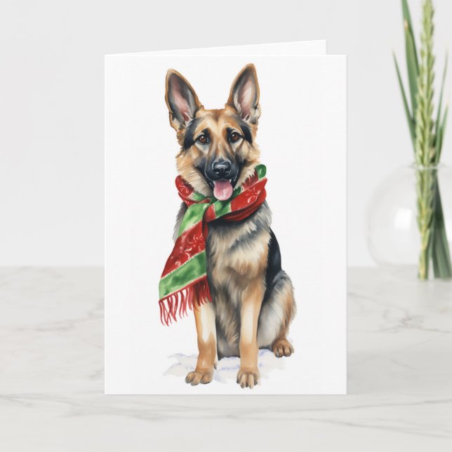 Tarjeta Festiva Perro navidad, perro de vacaciones, pastor alemán  (Anverso)