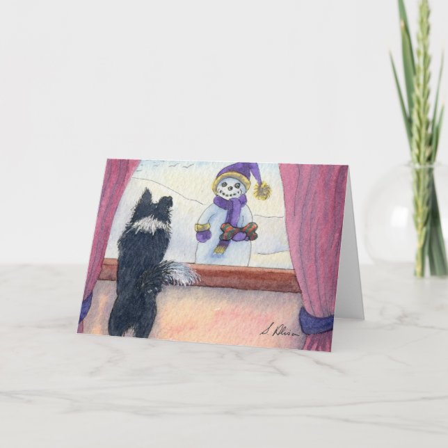 Tarjeta Festiva Perro observando muñecos de nieve con regalos (Anverso)