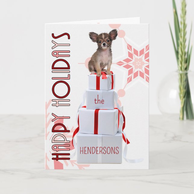 Tarjeta Festiva Perro Papillon con Navidades rojos presentes (Anverso)