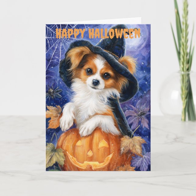 Tarjeta Festiva Perro Papillon de Halloween (Anverso)