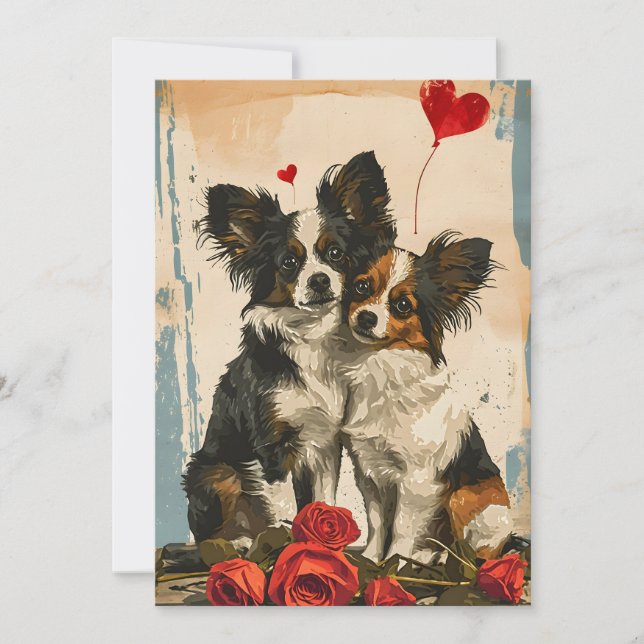 Tarjeta Festiva Perro Papillon día de San Valentín  (Anverso)