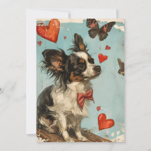 Tarjeta Festiva Perro Papillon Día de San Valentín Vintage