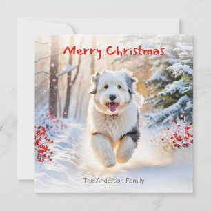 Tarjeta Festiva Perro pastor inglés antiguo en la nieve Feliz Navi