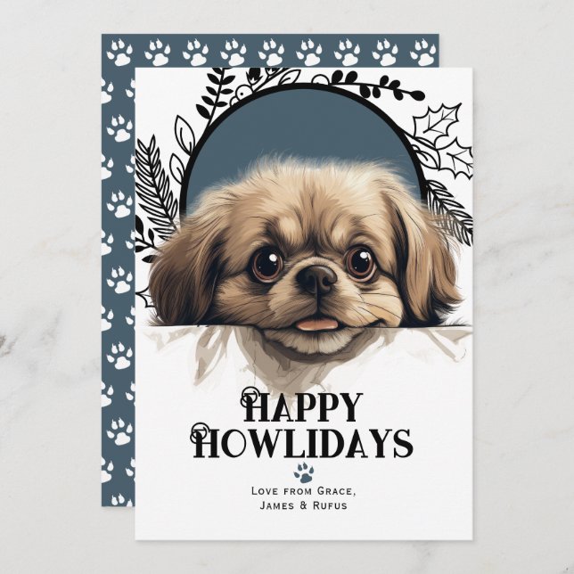 Tarjeta Festiva Perro pekinés feliz de Howlidays (Anverso / Reverso)