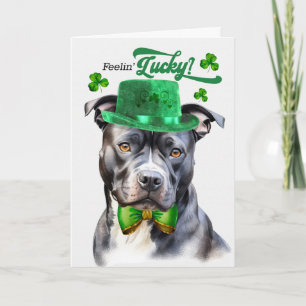 Tarjeta Festiva Perro Pit Bull Gris se Siente Afortunado Día de Sa