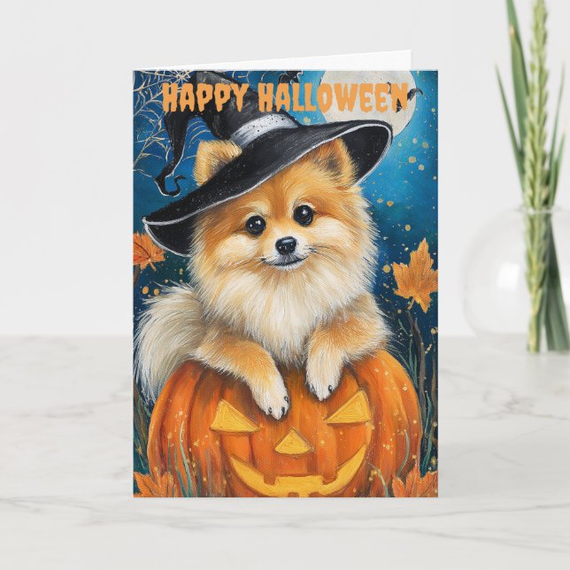Tarjeta Festiva Perro Pomerania de Halloween (Anverso)