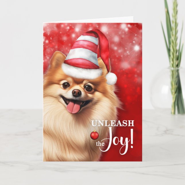 Tarjeta Festiva Perro Pomerania desata a los Navidades de la alegr (Anverso)