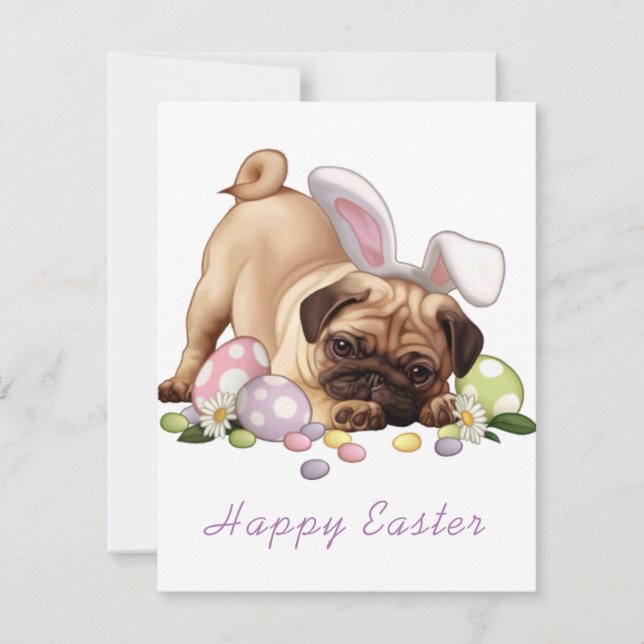 Tarjeta Festiva Perro Pug con orejas de conejo de Pascua (Anverso)