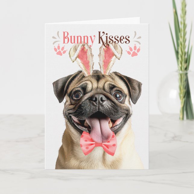 Tarjeta Festiva Perro Pug con orejas de conejo para Pascua (Anverso)