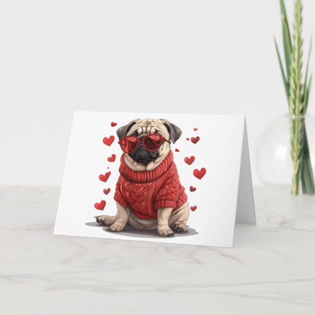 Tarjeta Festiva Perro Pug día de San Valentín (Anverso)