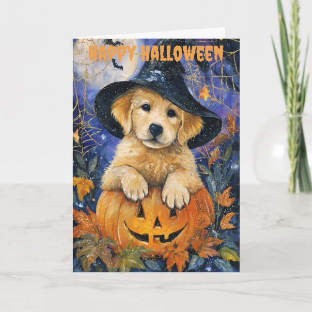 Tarjeta Festiva Perro Retriever Dorado de Halloween (Anverso)