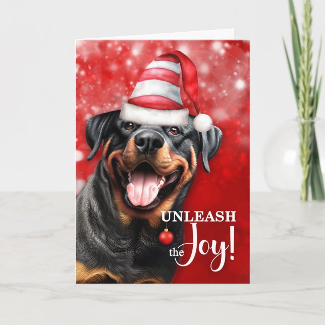 Tarjeta Festiva Perro Rottweiler desata a los Navidades de la aleg (Anverso)