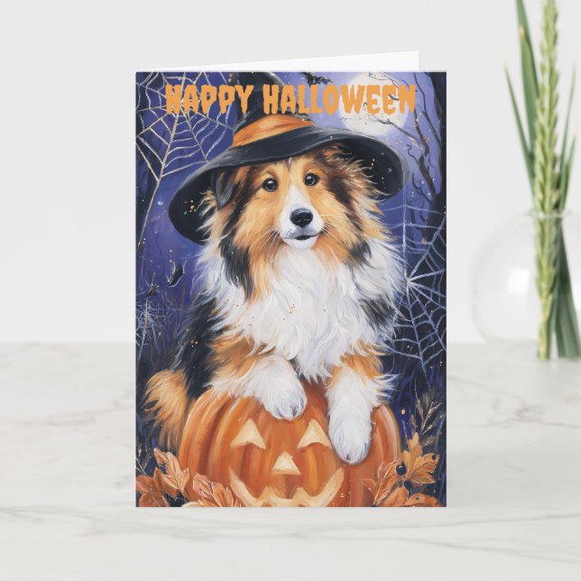 Tarjeta Festiva Perro Rough Collie de Halloween (Anverso)