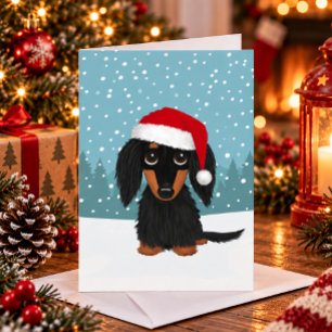 Tarjeta Festiva Perro salchicha de pelo largo negro y marrón en Na