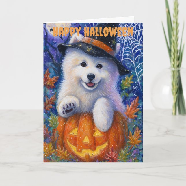 Tarjeta Festiva Perro Samoyedo de Halloween (Anverso)