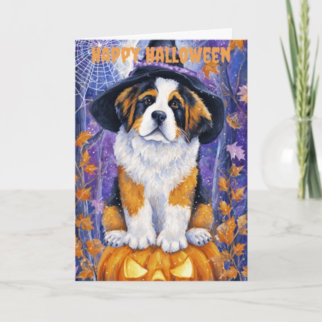Tarjeta Festiva Perro San Bernardo de Halloween (Anverso)