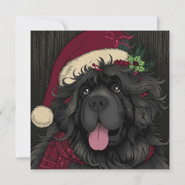 Tarjeta Festiva Perro Santa Hat de Newfoundland (Anverso)