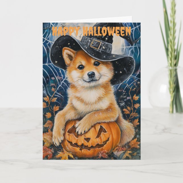 Tarjeta Festiva Perro Sheba Inu de Halloween (Anverso)