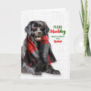 Tarjeta Festiva Perro Terranova Divertidas Pulgas Navidog con Nomb