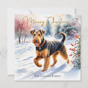 Tarjeta Festiva Perro Terrier Airedale en la nieve de invierno Nav