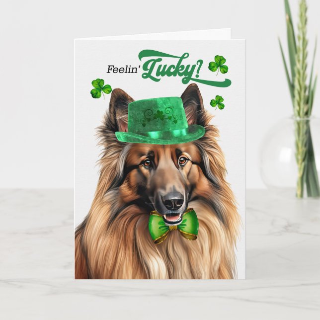 Tarjeta Festiva Perro Tervuren Belga Día de San Patricio Afortunad (Anverso)