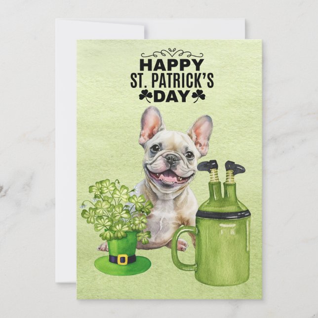 Tarjeta Festiva Perro toro francés St. Patrick's Day Gorra y cerve (Anverso)