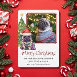 Tarjeta Festiva Perro uno de Mascota cutáneo de pug y árbol de Nav<br><div class="desc">Esta linda tarjeta de Navidades con la temática de Pug muestra a un Pug con un sombrero de Papá Noel sentado frente a un árbol de Navidad iluminado. El saludo en la tarjeta dice "Feliz Navidad", el mensaje dice "¡Esperamos que tu temporada navideña sea increíblemente asombrosa!" y finalmente hay un...</div>