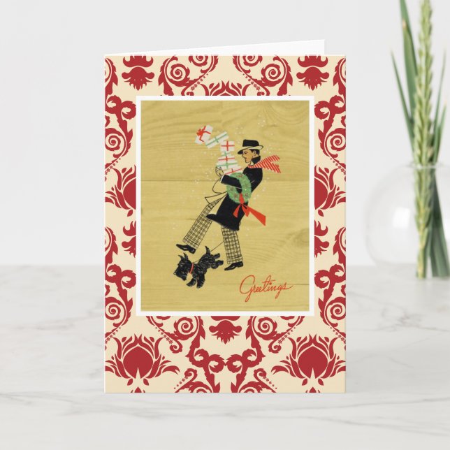 Tarjeta Festiva Perro vintage navideño (Anverso)