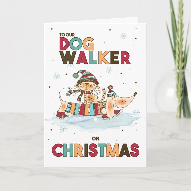 Tarjeta Festiva Perro Walker en Navidades Perro Wiener y gato (Anverso)