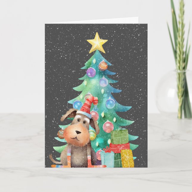Tarjeta Festiva Perro y árbol navidades en copos de nieve (Anverso)